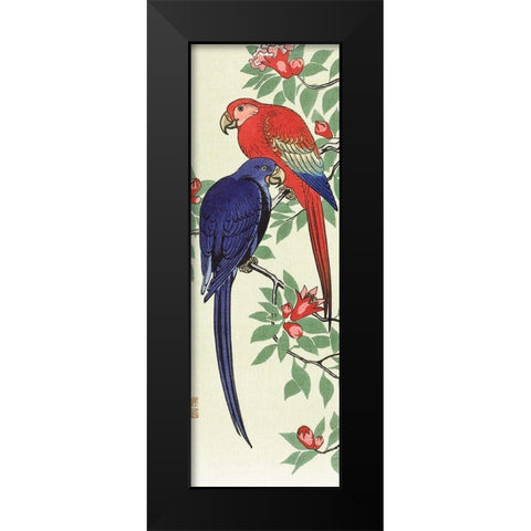 Red and a blue parrot Black Modern Wood Framed Art Print by Koson, Ohara