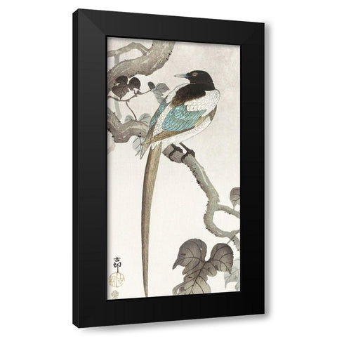 Magpie on tree branch Black Modern Wood Framed Art Print with Double Matting by Koson, Ohara