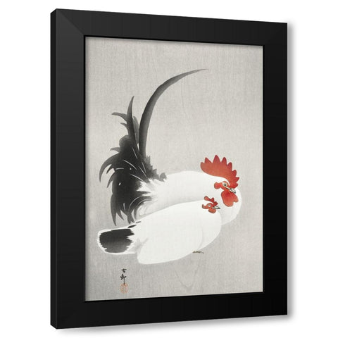 Rooster and hen Black Modern Wood Framed Art Print by Koson, Ohara