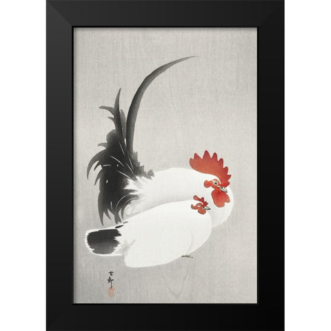 Rooster and hen Black Modern Wood Framed Art Print by Koson, Ohara