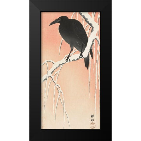 Crow on snowy branch Black Modern Wood Framed Art Print by Koson, Ohara