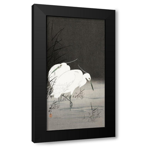 Two egrets in the reeds Black Modern Wood Framed Art Print by Koson, Ohara