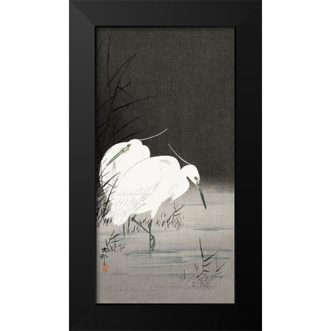 Two egrets in the reeds Black Modern Wood Framed Art Print by Koson, Ohara