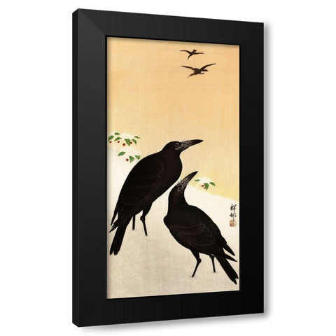 Crows in snow Black Modern Wood Framed Art Print by Koson, Ohara