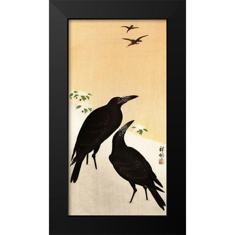 Crows in snow Black Modern Wood Framed Art Print by Koson, Ohara