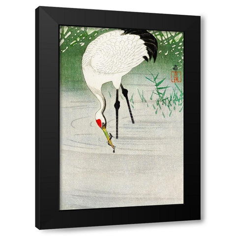 Fishing crane in shallow water Black Modern Wood Framed Art Print by Koson, Ohara