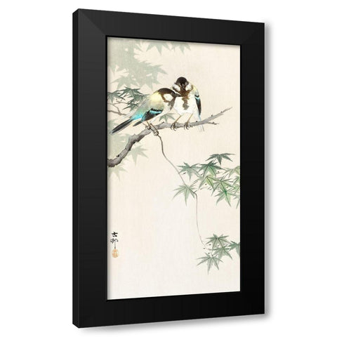 Great tits on maple branch Black Modern Wood Framed Art Print with Double Matting by Koson, Ohara
