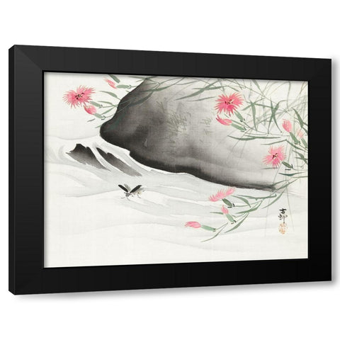 Plants with pink flowers by the river Black Modern Wood Framed Art Print with Double Matting by Koson, Ohara