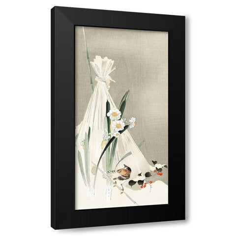 A bird with narcissus flowers and a hay bundle Black Modern Wood Framed Art Print by Koson, Ohara