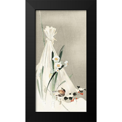A bird with narcissus flowers and a hay bundle Black Modern Wood Framed Art Print by Koson, Ohara