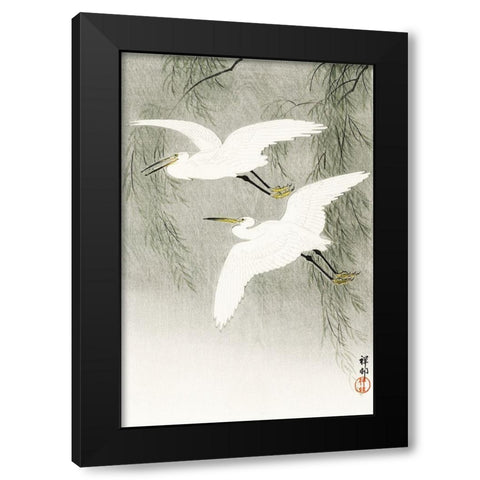 Little Egrets in flight Black Modern Wood Framed Art Print by Koson, Ohara