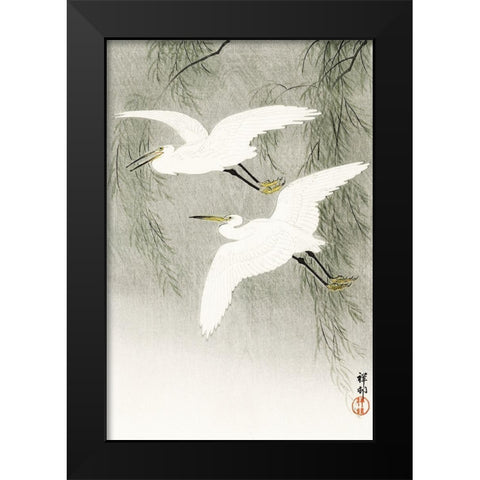 Little Egrets in flight Black Modern Wood Framed Art Print by Koson, Ohara