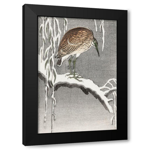 Heron on snowy tree branch Black Modern Wood Framed Art Print by Koson, Ohara
