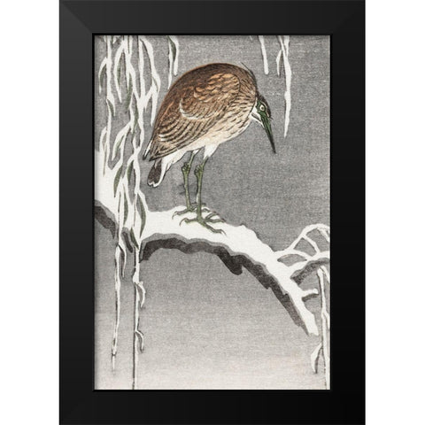Heron on snowy tree branch Black Modern Wood Framed Art Print by Koson, Ohara