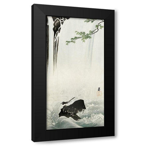 Japanese wagtail at waterfall Black Modern Wood Framed Art Print with Double Matting by Koson, Ohara