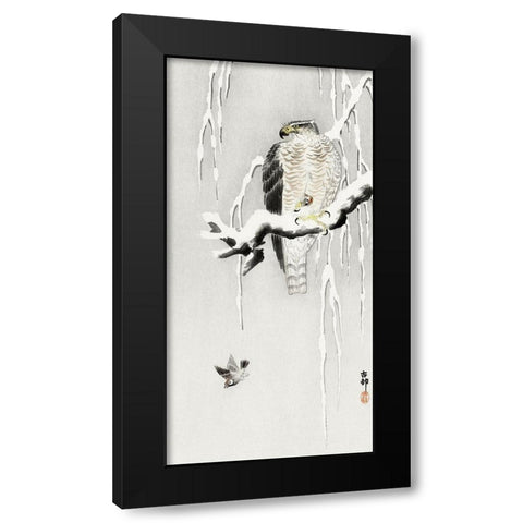 Hawk with captured ring sparrow Black Modern Wood Framed Art Print by Koson, Ohara