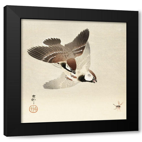 Ring sparrows and insectÂ  Black Modern Wood Framed Art Print by Koson, Ohara