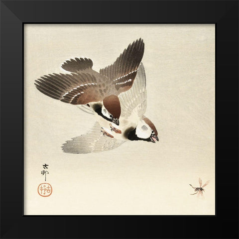 Ring sparrows and insectÂ  Black Modern Wood Framed Art Print by Koson, Ohara