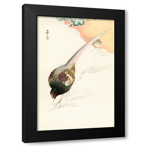 Pheasant couple in the snow Black Modern Wood Framed Art Print by Koson, Ohara