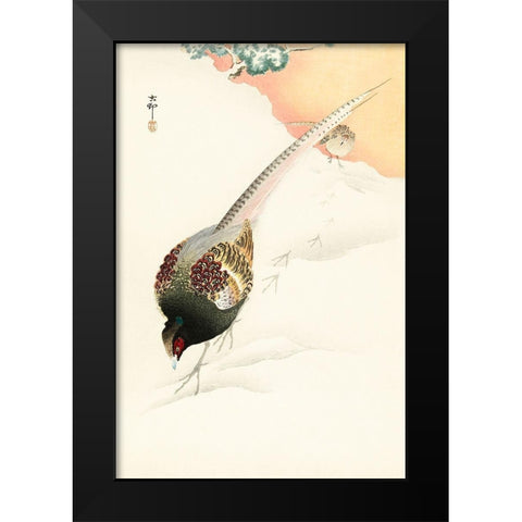 Pheasant couple in the snow Black Modern Wood Framed Art Print by Koson, Ohara