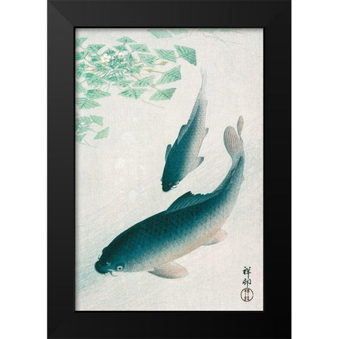 Carp or Koi Black Modern Wood Framed Art Print by Koson, Ohara