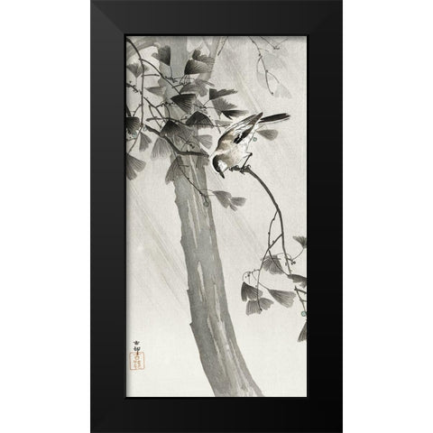 Long-tailed tit in storm Black Modern Wood Framed Art Print by Koson, Ohara