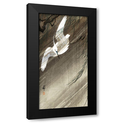 Egret in storm Black Modern Wood Framed Art Print by Koson, Ohara