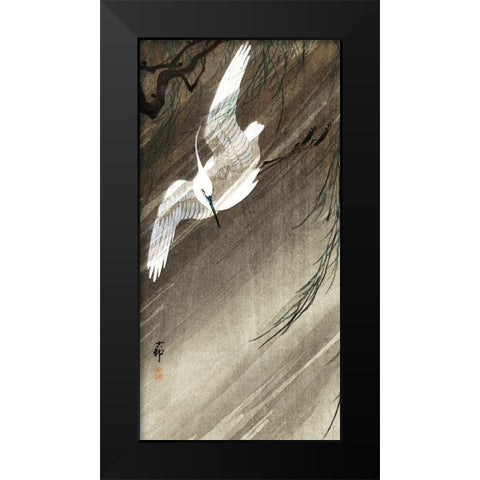 Egret in storm Black Modern Wood Framed Art Print by Koson, Ohara