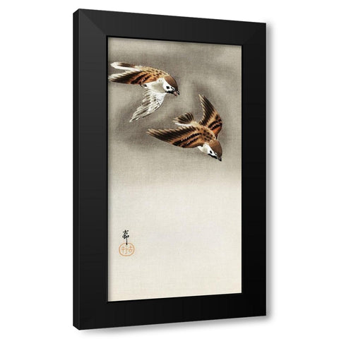 Ring sparrows in snow Black Modern Wood Framed Art Print by Koson, Ohara