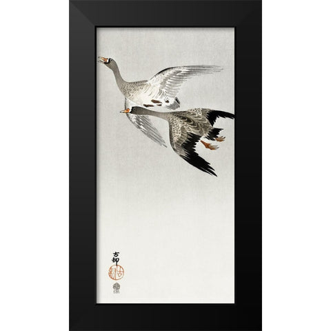 Great geese, flying in the snow Black Modern Wood Framed Art Print by Koson, Ohara