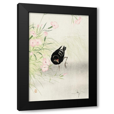 Moorhen at flowering plant Black Modern Wood Framed Art Print by Koson, Ohara