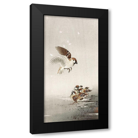Tree sparrow with babies Black Modern Wood Framed Art Print by Koson, Ohara