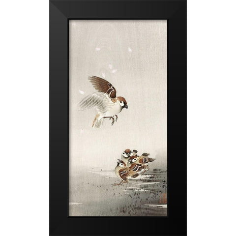 Tree sparrow with babies Black Modern Wood Framed Art Print by Koson, Ohara