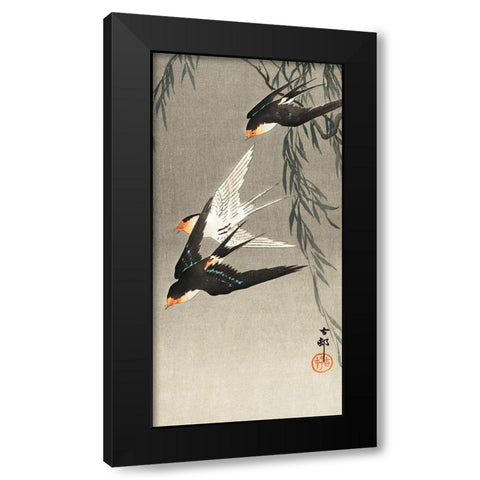 Three red-tailed swallows in dive Black Modern Wood Framed Art Print by Koson, Ohara
