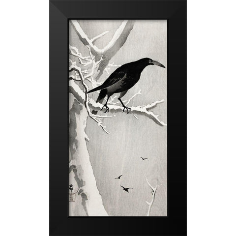 Crow on snowy tree branch Black Modern Wood Framed Art Print by Koson, Ohara