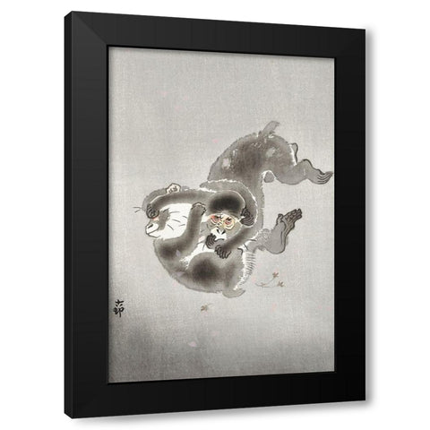 Two playing monkeys Black Modern Wood Framed Art Print by Koson, Ohara