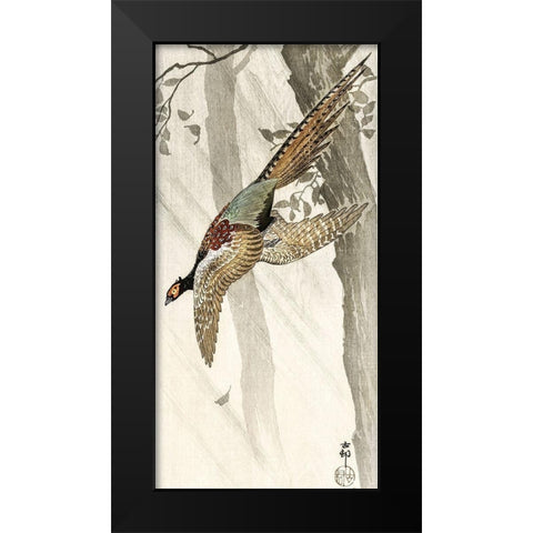 Flying pheasant Black Modern Wood Framed Art Print by Koson, Ohara
