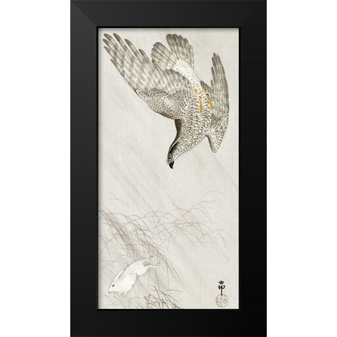 Hawk hunting a hare Black Modern Wood Framed Art Print by Koson, Ohara