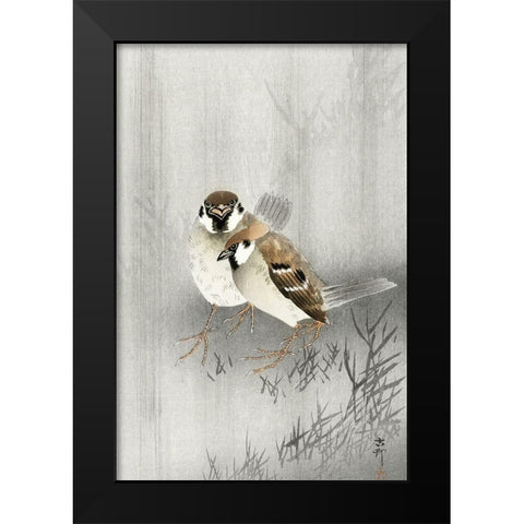 Two ring sparrows in the rain Black Modern Wood Framed Art Print by Koson, Ohara