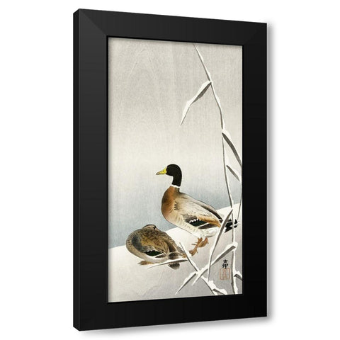 Two ducks on snowy reed Black Modern Wood Framed Art Print with Double Matting by Koson, Ohara