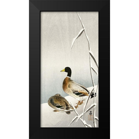 Two ducks on snowy reed Black Modern Wood Framed Art Print by Koson, Ohara