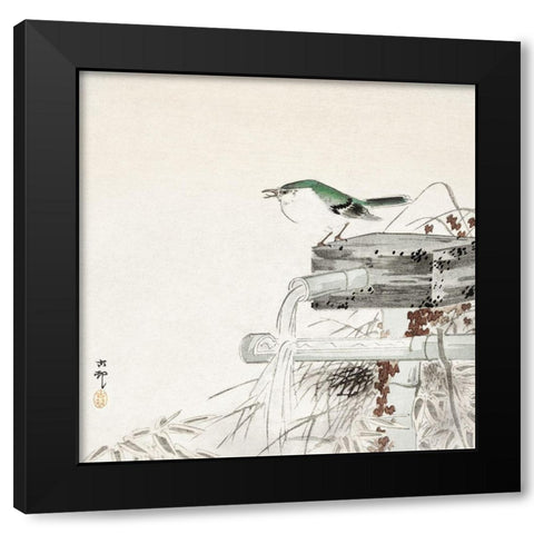 Blue nightingale Black Modern Wood Framed Art Print by Koson, Ohara