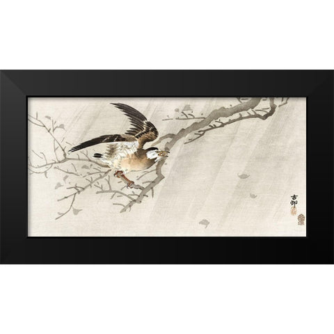 Gray starling in storm Black Modern Wood Framed Art Print by Koson, Ohara