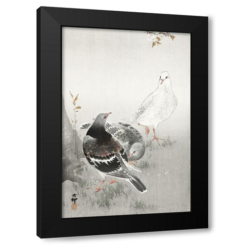 Three pigeons Black Modern Wood Framed Art Print with Double Matting by Koson, Ohara