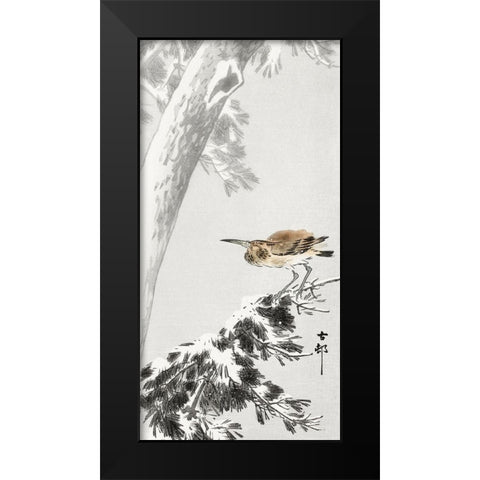 Indian quack on snowy tree branch Black Modern Wood Framed Art Print by Koson, Ohara