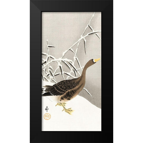 White-fronted goose in the snow Black Modern Wood Framed Art Print by Koson, Ohara