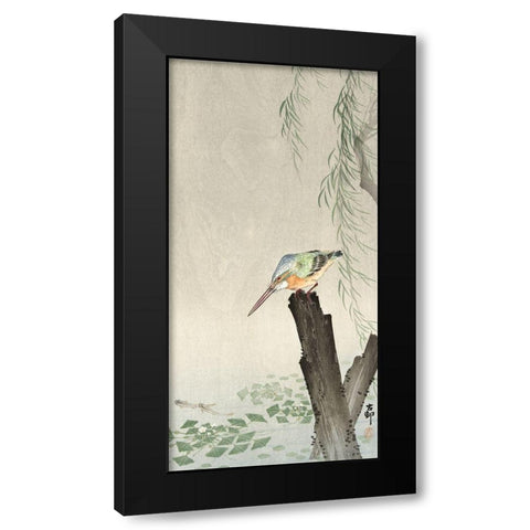 Kingfisher on a tree stump Black Modern Wood Framed Art Print by Koson, Ohara