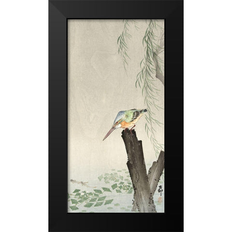 Kingfisher on a tree stump Black Modern Wood Framed Art Print by Koson, Ohara