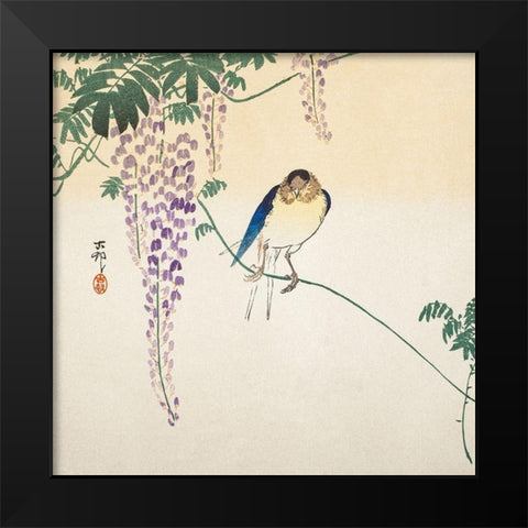 Wisteria and Swallow Black Modern Wood Framed Art Print by Koson, Ohara