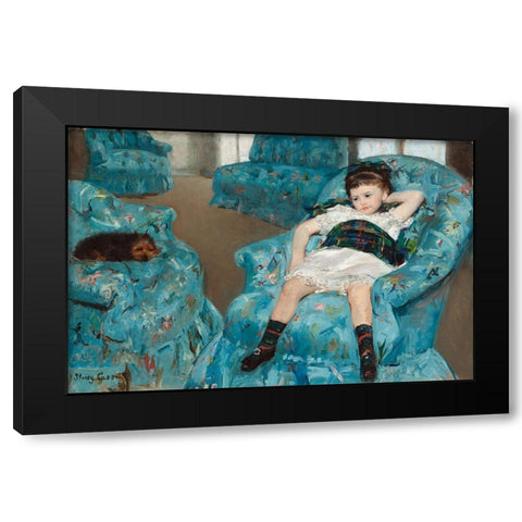 Little Girl in a Blue Armchair Black Modern Wood Framed Art Print with Double Matting by Cassatt, Mary
